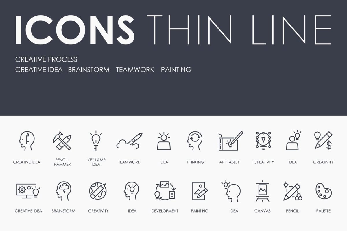 创作灵感图标素材 Creative process thinline icons