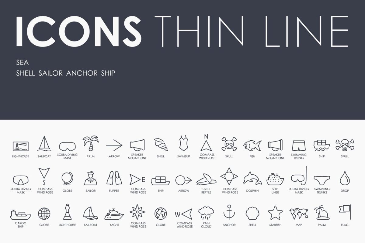 海洋元素icon图标下载 Sea thinline icons