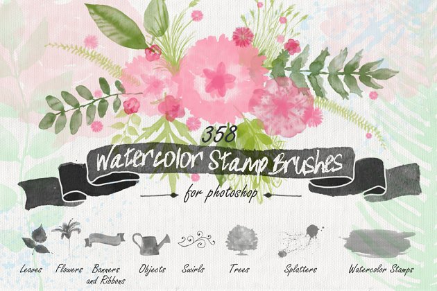 水彩花卉笔刷 Floral Watercolor PS Stamp Brushes
