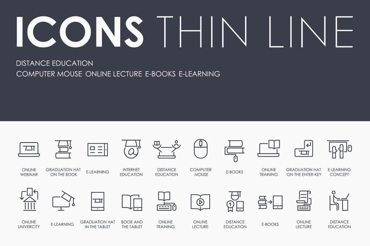 远程教育图标素材 Distance education thinline icons