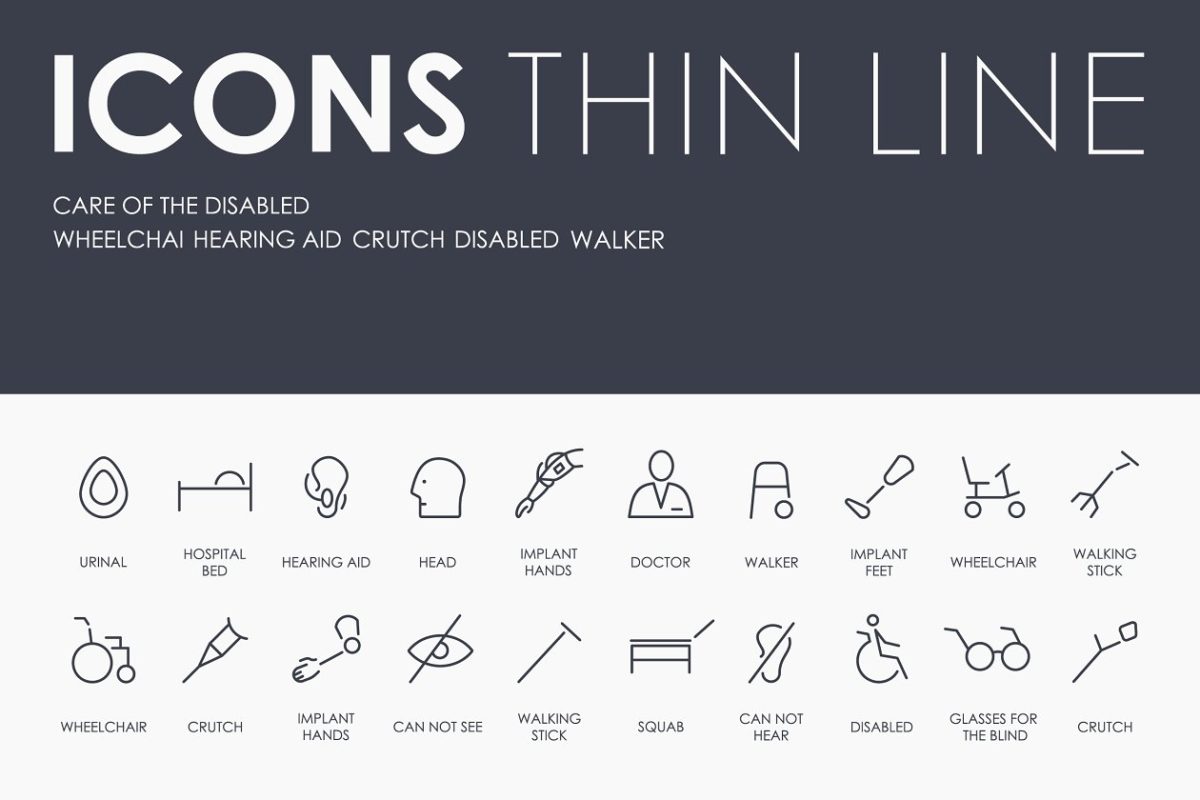 照料残疾人矢量图标素材 Care of the disabled thinline icons