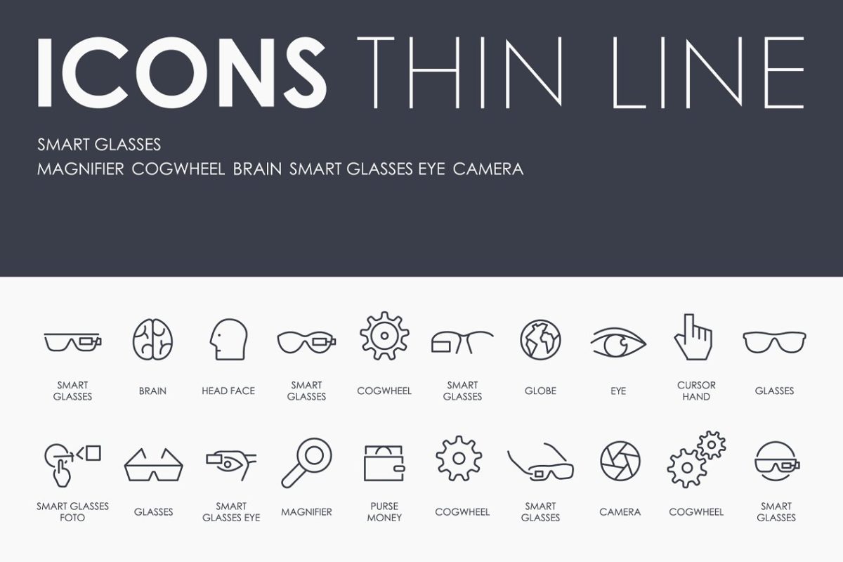 人工智能眼镜矢量图标素材 Smart glasses thinline icons