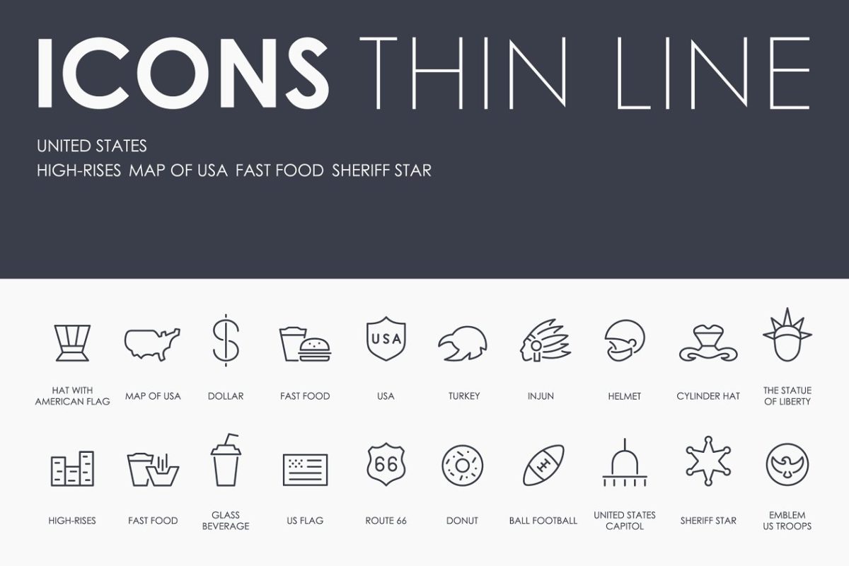 美国元素矢量图标素材 UNITED STATES thinline icons