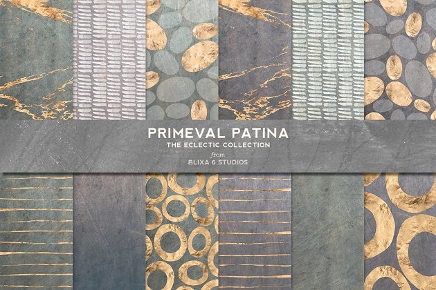 原始绿锈水彩&铂金纹理素材 Primeval Patina Watercolor & Gold