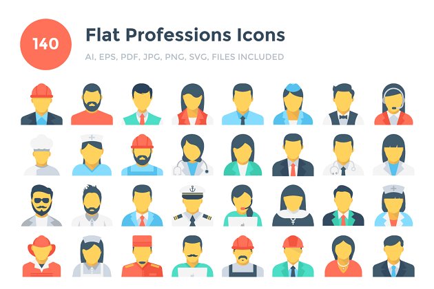 140个扁平化职业相关图标 140 Flat Professions Icons