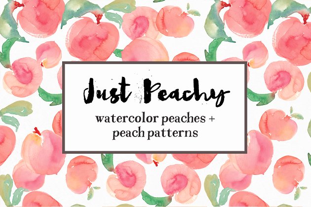 水彩桃子元素&纹理素材 Watercolor Peach Patterns + Peaches