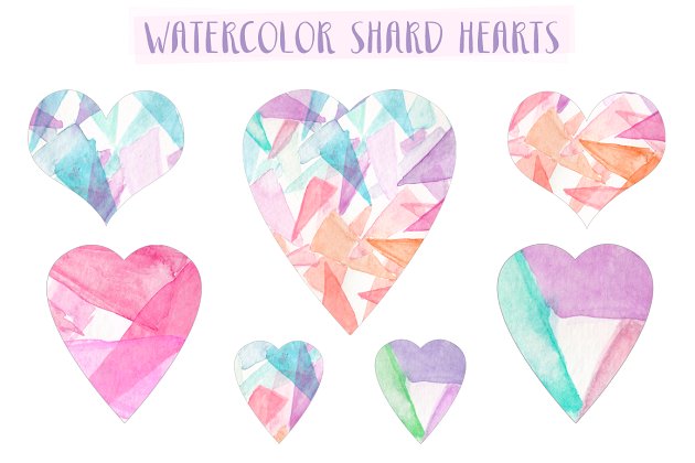 手绘抽象爱心图形效果 Watercolor Shard Hearts