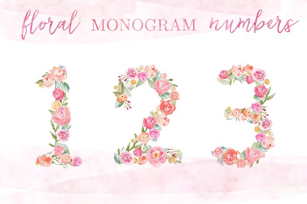 水彩花卉拼凑的数字素材 Watercolor Floral Monogram Numbers
