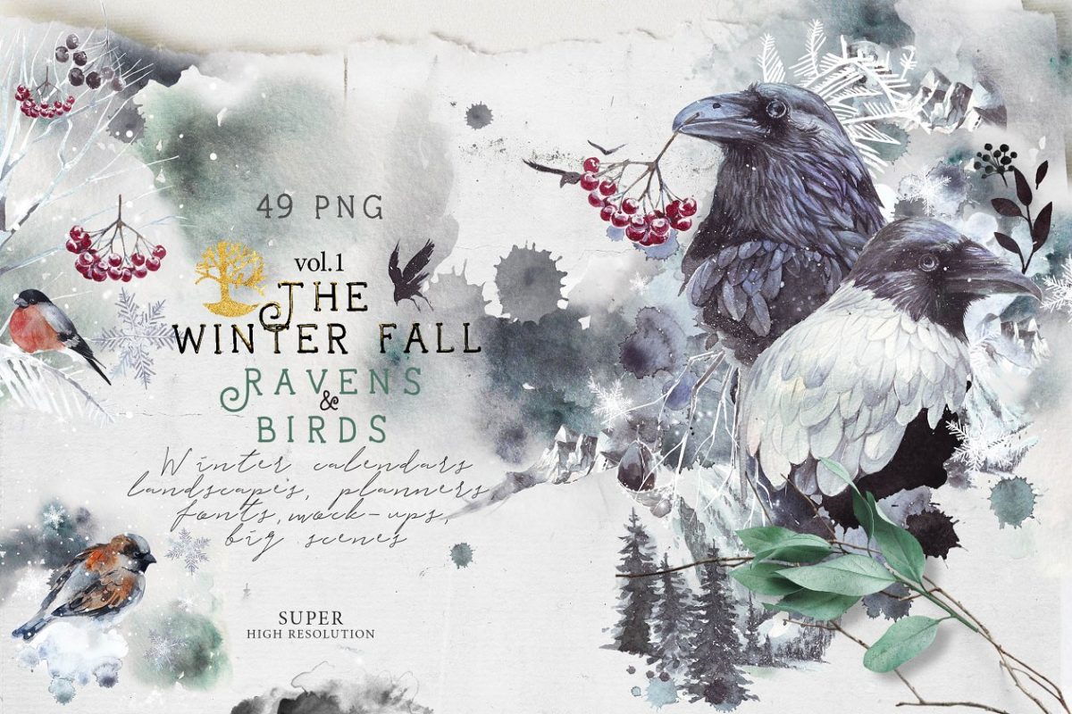 冬季乌鸦小鸟元素的水彩画素材 Ravens & birds vol.1