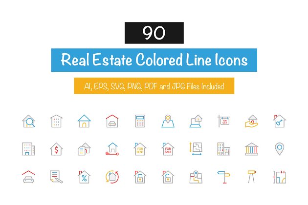 财产彩色线条图标 90 Real Estate Colored Line Icons