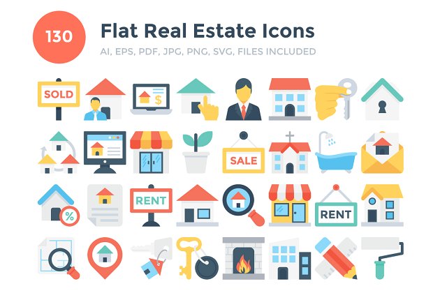 130扁平化房地产图标 130 Flat Real Estate Icons