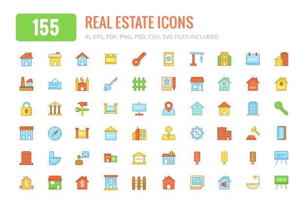 150+房地产彩色和线图标 150+ Real Estate Colored & Line Icon