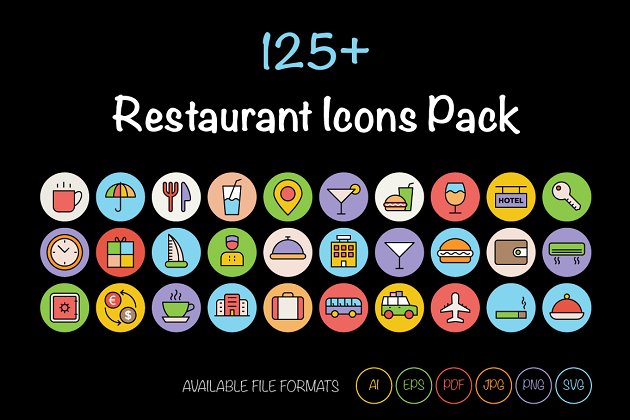 125个酒店餐厅相关的彩色图标套装 125+ Restaurant Icons Pack