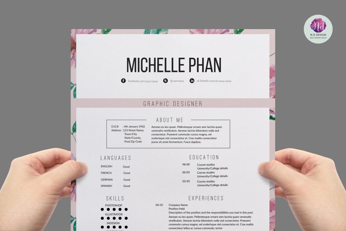 拥有花卉底纹的简历模板 Floral 1 page resume template