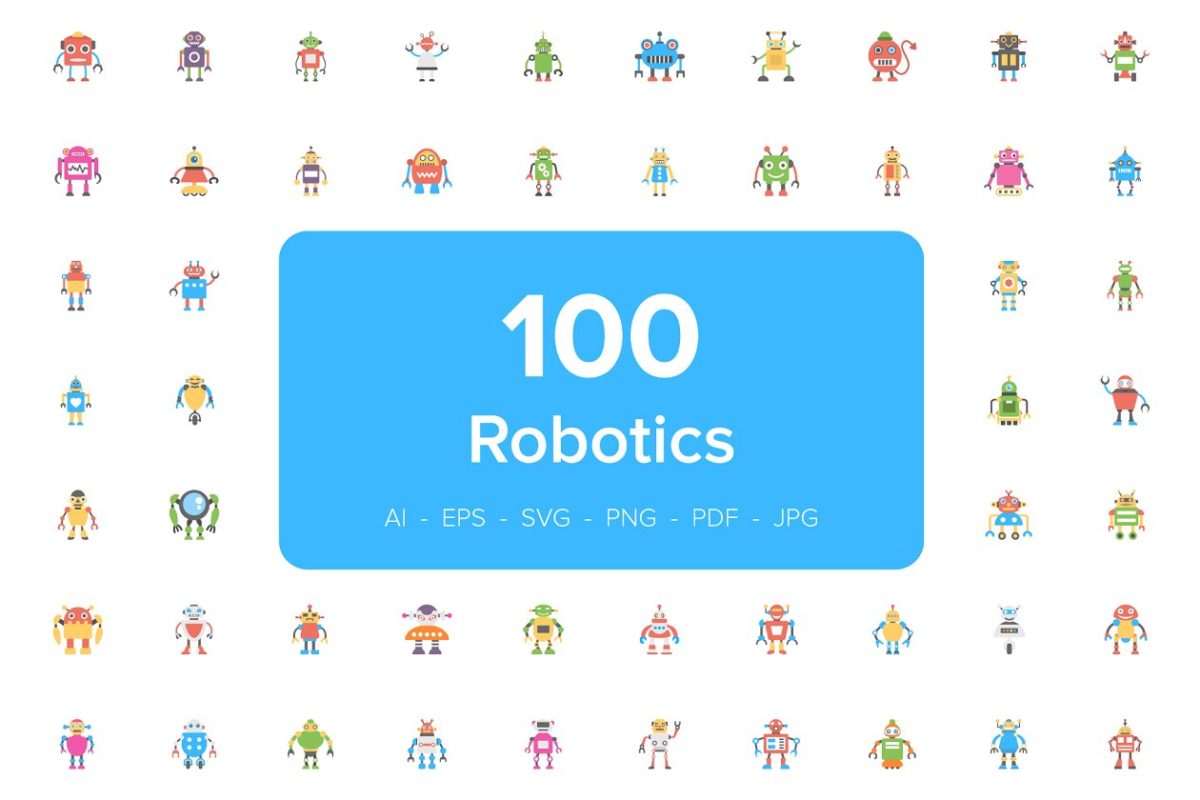 100种扁平化的机器人图标 100 Robotics Flat Icons