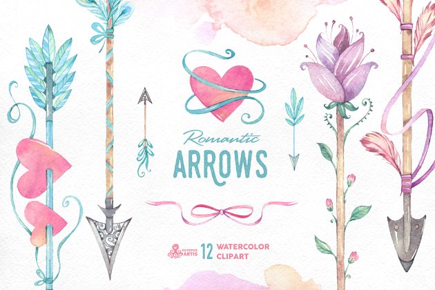 浪漫可爱的爱情之箭水彩素材包 Romantic Arrows watercolor
