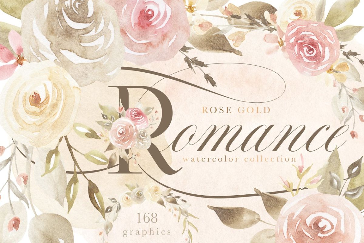 玫瑰金浪漫水彩花卉素材 Rose Gold Romance Watercolor Flowers