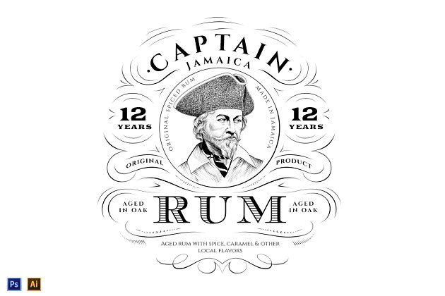 带有海盗头的复古朗姆酒标签 Vintage Rum Label with Pirate