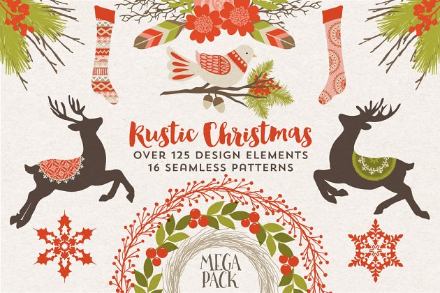 纯粹的圣诞节图形和背景纹理素材 Rustic Christmas Graphics & Patterns