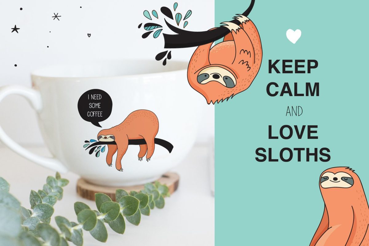 可爱的树懒图标、卡片、图案 Cute sloths icons, cards, patterns