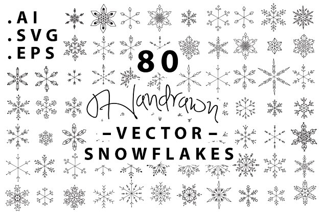80个手绘雪花矢量 80 Handrawn Snowflake Vectors