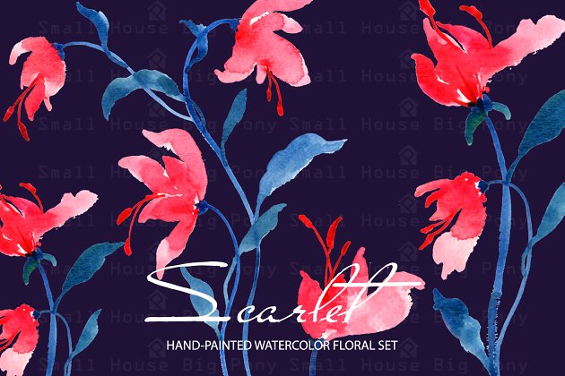 水彩肌理花卉剪贴画集 Scarlet – Watercolor Clip Art Set