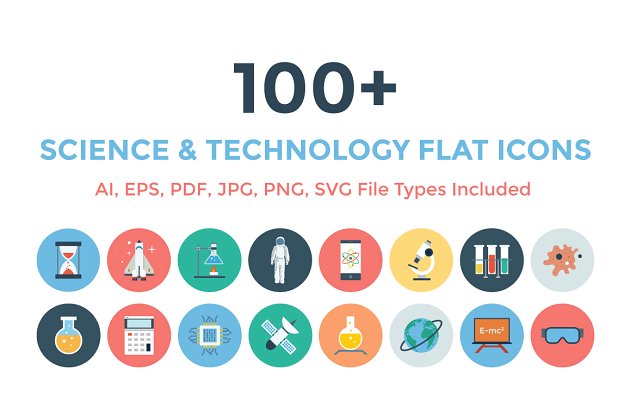 100+科技&技术扁平化图标 100+ Science & Technology Flat Icons