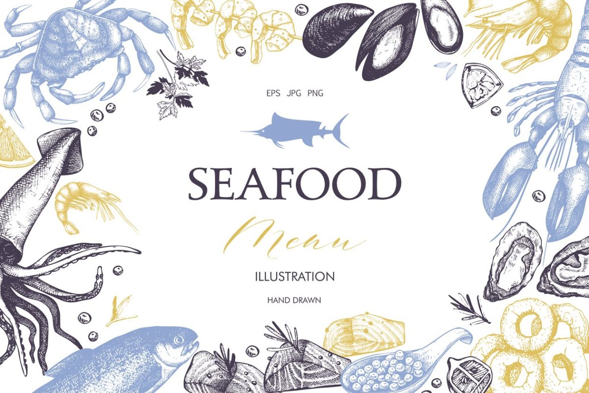 高雅的海鲜菜单设计 Vector Seafood Menu Design