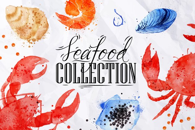 水彩海鲜图片素材 Set Seafood