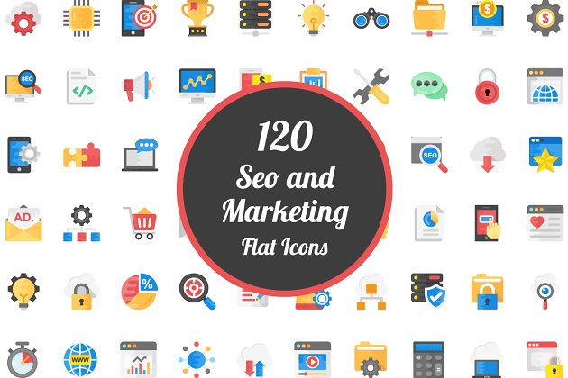 120个关于SEO和市场营销主题的图标 120 Flat Icons on SEO and Marketing