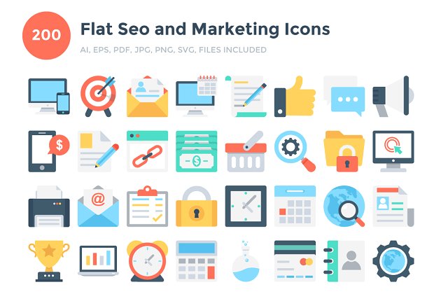 200个平面Seo和营销图标 200 Flat Seo and Marketing Icons
