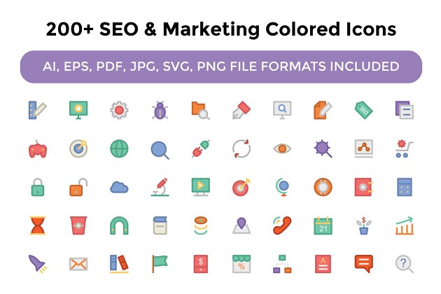 200+搜索引擎优化和营销彩色图标下载 200+ Seo and Marketing Colored Icons