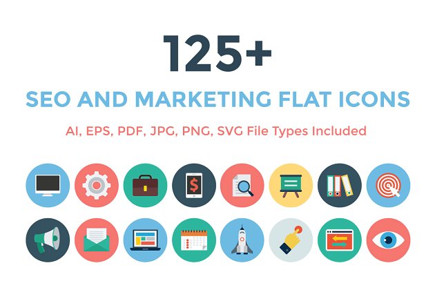 搜索引擎优化和营销平面图标下载 125+ Seo and Marketing Flat Icons