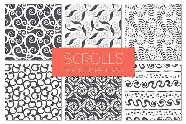 无缝图案背景纹理 Scrolls. Seamless Patterns Set