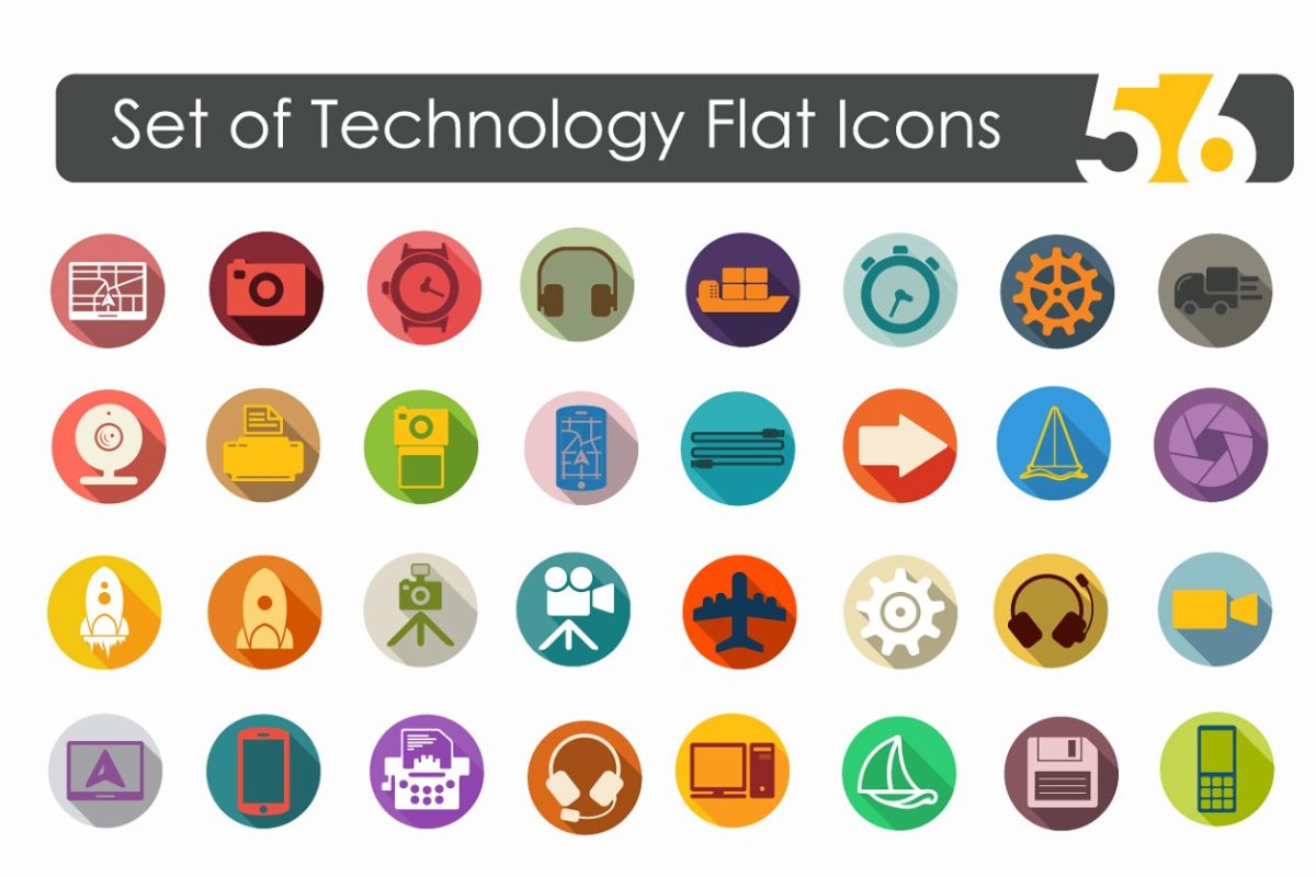 56个技术主题的扁平化图标 56 technology flat icons
