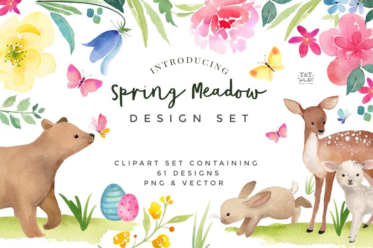 春季水彩素材 Clipart Set – Spring Meadow