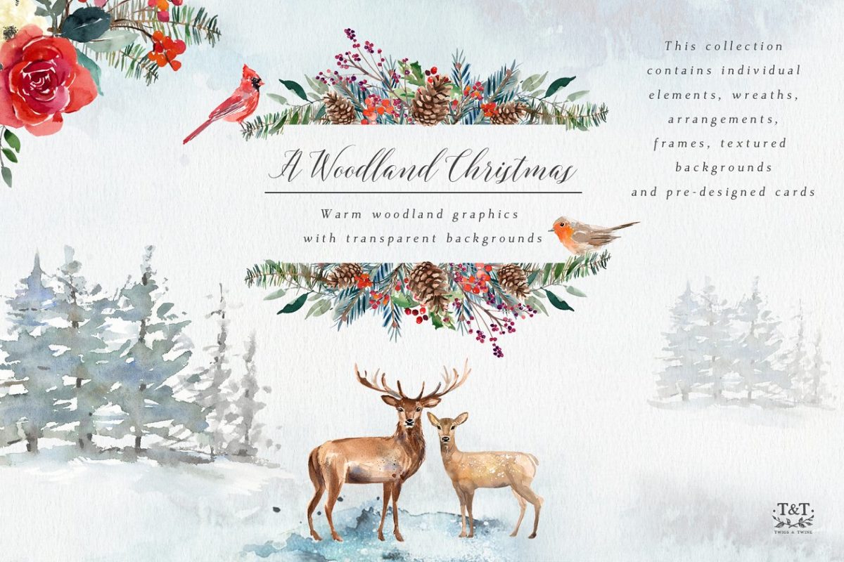 圣诞森林风格元素素材 Christmas Graphics – Woodland