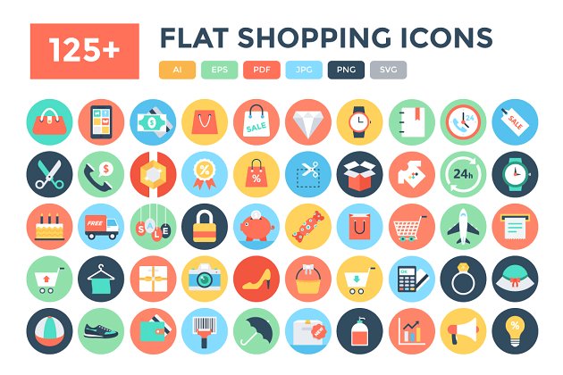 电商购物矢量图标下载 125+ Flat Shopping Icons
