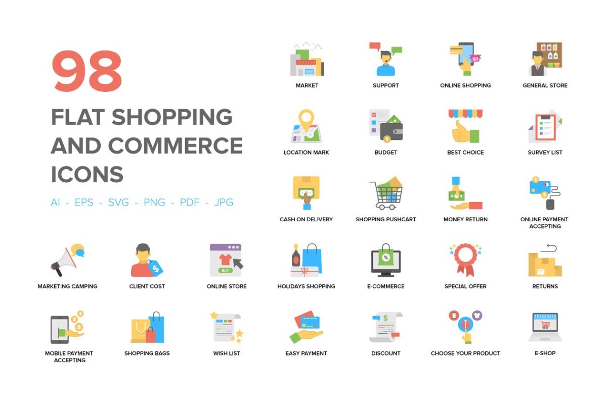 扁平化购物和商业图标 Flat Shopping and Commerce Icons