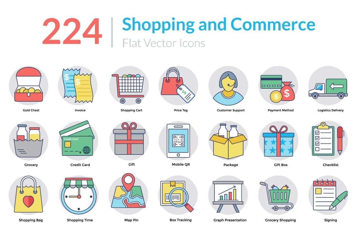 224个购物和商业扁平化图标 224 Shopping and Commerce Flat Icons