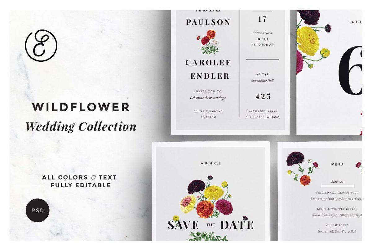 花卉婚礼邀请函平面物料设计模版 Wildflower Wedding Collection