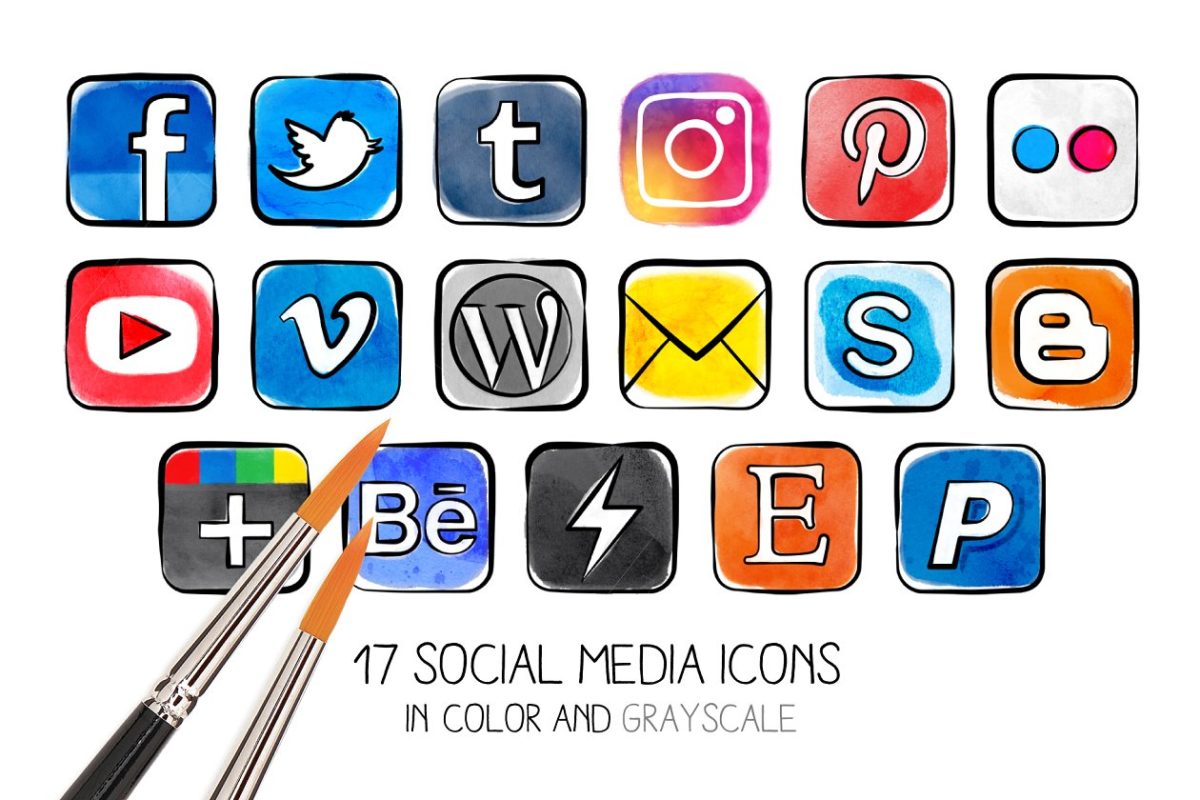 水彩效果风格的美国社交网络LOGO合集 Watercolor effect social media icons