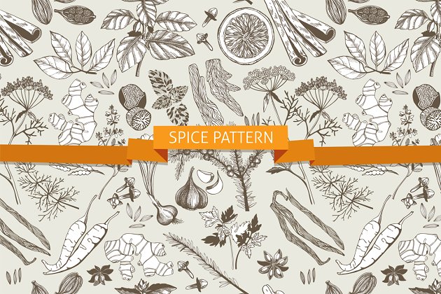 厨房蔬菜插画素材 3 Kitchen Spice Patterns Set