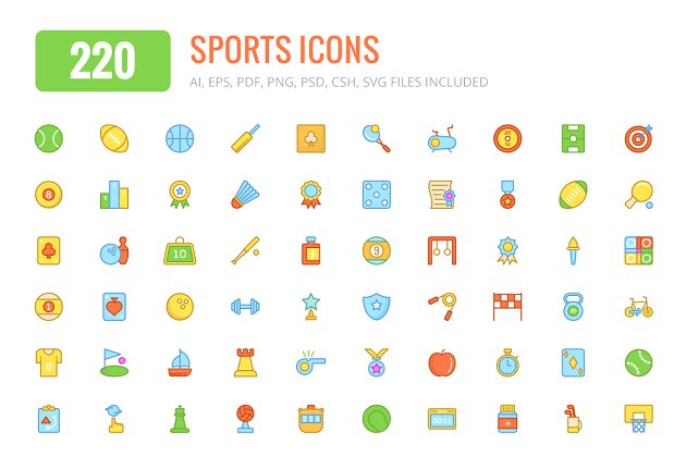 200+运动彩色和线条图标 200+ Sports Colored and Line Icons