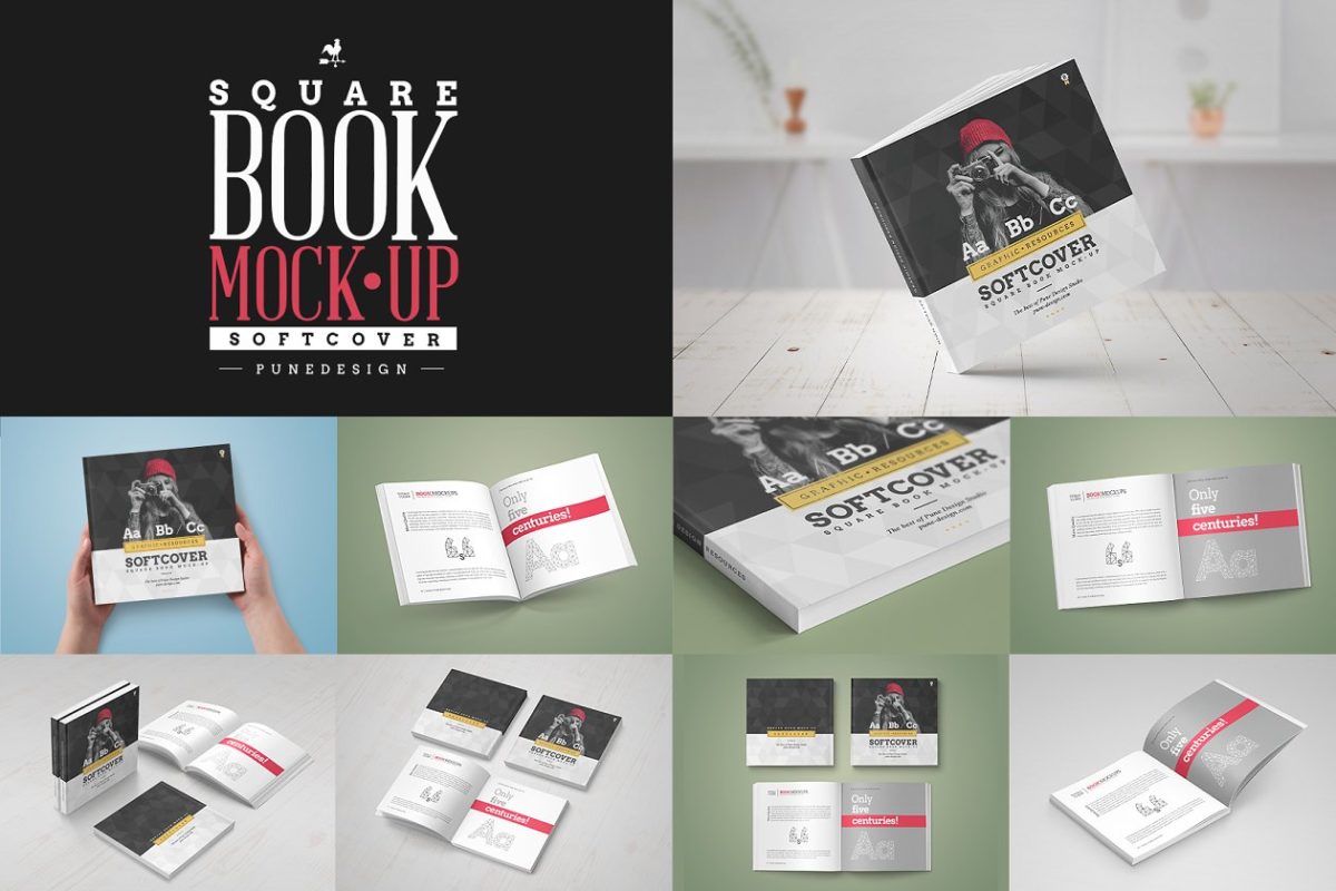 方形平装书设计样机 Square Softcover Book Mock-Up