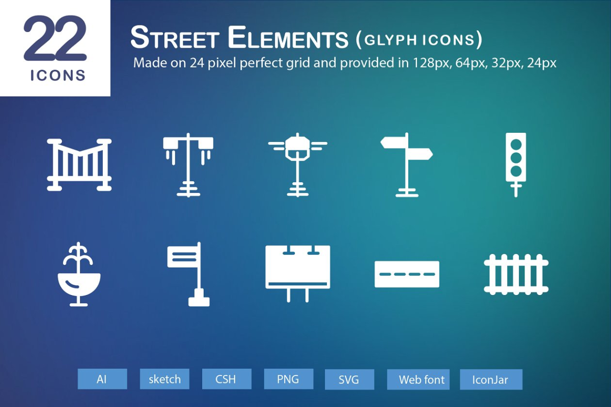 街道元素图标素材 22 Street Elements Glyph Icons