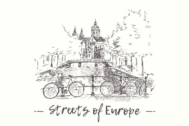 欧洲街景素描手绘图 Streets of Europe with canals