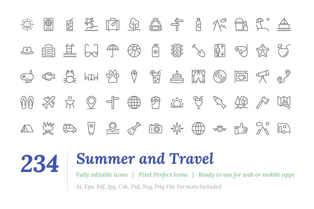 夏季和旅游图标大全 234 Summer and Travel Outine Icons