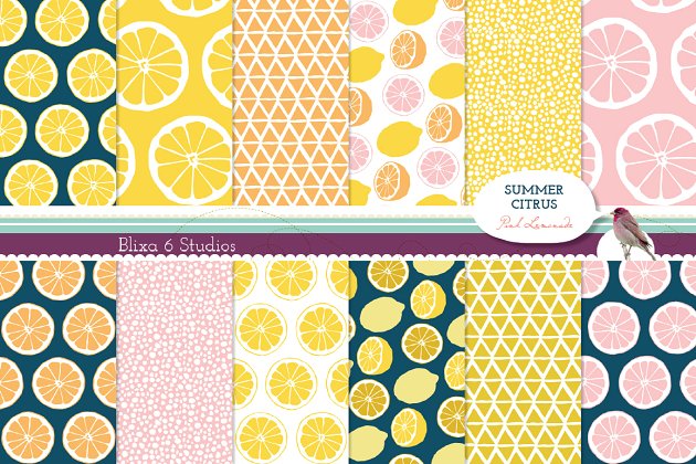 夏季柑橘柠檬元素的背景文莱素材 Summer Citrus Digital Lemon Patterns