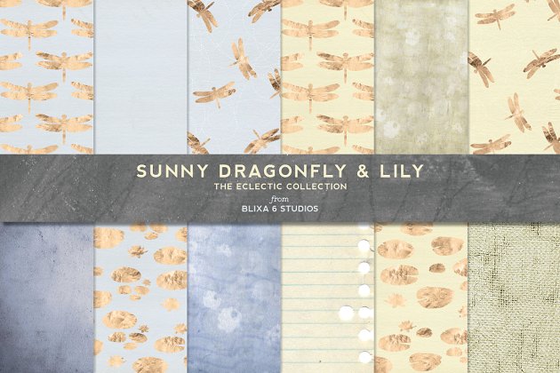 阳光烫金背景纹理 Sunny Gold Dragonfly & Lily Patterns